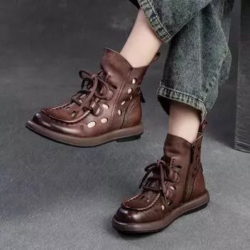 Сандалии Johnature из натуральной кожи, дышащие ботинки с отверстиями в стиле ретро, женские сабо с круглым носком на шнуровке 35 чёрный