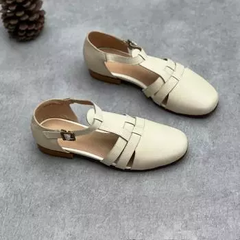 Сандалии Johnature из натуральной кожи ручной работы, повседневные женские туфли Мэри Джейн из воловьей кожи с круглым носком и плоской подошвой 35 чёрный