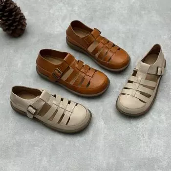 Сандалии Johnature из натуральной кожи ручной работы, дышащие женские туфли на плоской подошве с круглым носком в стиле ретро 35 бежевый