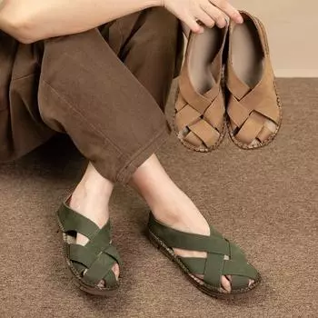 Сандалии Johnature из натуральной кожи, тканые удобные женские туфли ручной работы на мягкой подошве в стиле ретро ручной работы на плоской подошве 35 зелёный