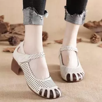 Сандалии Johnature из натуральной кожи в стиле ретро, дышащая женская обувь на толстом каблуке с круглым носком и полые отверстия 35