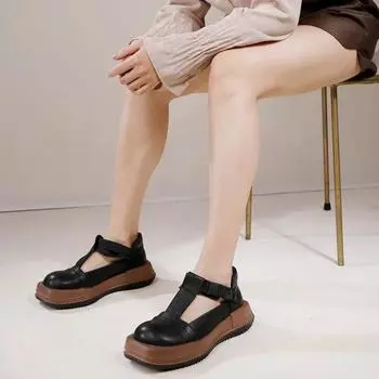 Сандалии Johnature из натуральной кожи в стиле ретро, удобная женская обувь с круглым носком и мелкой пряжкой 35 чёрный