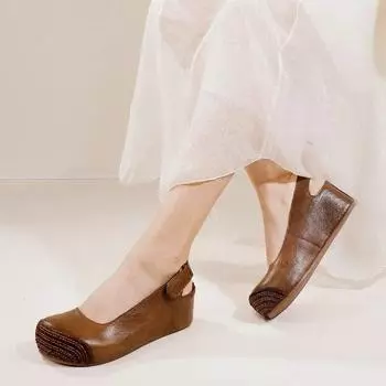 Сандалии Johnature на танкетке из натуральной кожи в стиле ретро, удобная женская обувь на мелкой мягкой подошве с круглым носком 34 чёрный