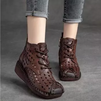 Сандалии Johnature на толстой подошве, летние ботинки из натуральной кожи с отверстиями, обувь на танкетке с боковой молнией, повседневные женские сандалии 35 коричневый