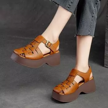 Сандалии Johnature на толстой подошве, универсальные дышащие женские туфли на платформе с открытым носком из натуральной кожи 35 бежевый