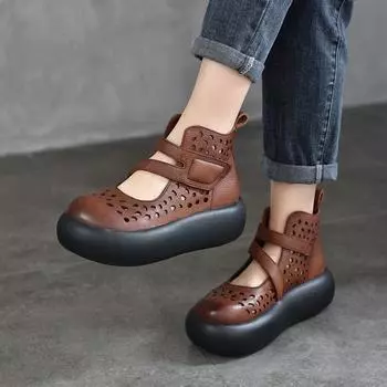 Сандалии Johnature на толстой подошве в стиле ретро, ботинки из натуральной кожи с круглым носком и открытым носком, женская обувь на плоской платформе 36 чёрный