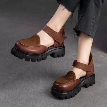 Сандалии Johnature на толстой подошве в стиле ретро, универсальная женская обувь для повседневного использования из натуральной кожи на липучке 36 чёрный