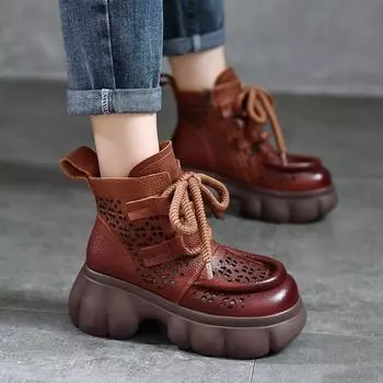 Сандалии Johnature на толстой подошве в стиле ретро, дышащие ботинки с отверстиями, туфли из натуральной кожи, туфли на римской платформе 36 тёмно-рыжий