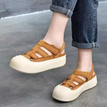 Сандалии Johnature на толстой подошве в стиле ретро, женская обувь из натуральной кожи, удобные дышащие сандалии ручной работы с круглым носком 35 красный