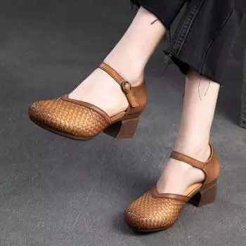 Сандалии Johnature с круглым носком на среднем каблуке в стиле ретро, модная женская обувь из натуральной кожи с плетением на пригороде 36 абрикосовый