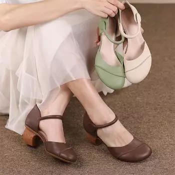 Сандалии Johnature с круглым носком, удобная однотонная женская обувь из натуральной кожи, универсальная однотонная обувь на толстом каблуке 37 бежевый