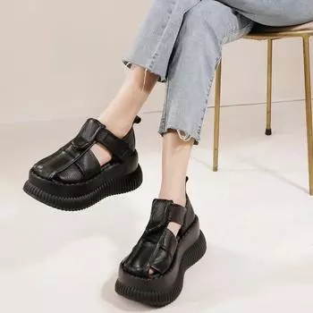 Сандалии Johnature в стиле ретро, удобная женская обувь на платформе из натуральной кожи с круглым носком, высотой 8 см 40 чёрный