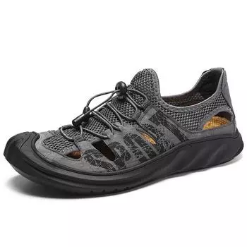 Сандалии кожаные мужские летние мягкие с дырочками сетчатые пляжные спортивные повседневные туфли большого размера дышащие дырочки прилив 38