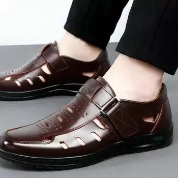 Сандалии Летние мужские уютные полые нескользящие мягкие классные дышащие с подсветкой универсальные классические носимые модные повседневные кожаные сандалии 44 чёрный