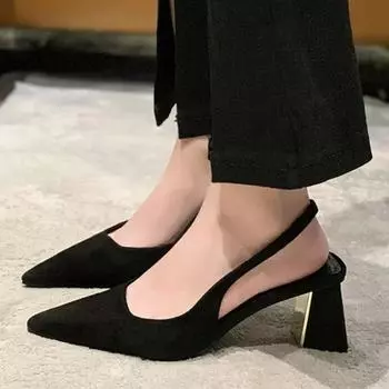 Сандалии Летние женские Классические толстые каблуки 6 см Модные женские туфли-лодочки с жемчужным ремешком сзади Женская обувь на высоком каблуке 35