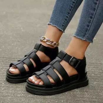 Сандалии-маффины на плоской подошве женские 2024 новые сандалии больших размеров женские летние односложные плетеные ремешки ретро сандалии женские 35 чёрный