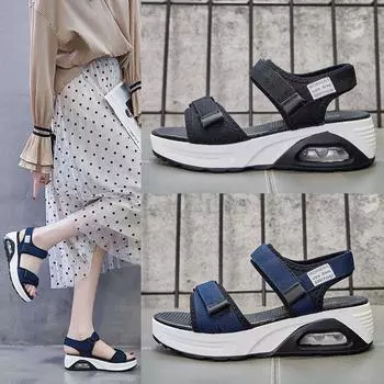 Сандалии-маффины с воздушной подушкой на толстой подошве и средним каблуком, спортивная повседневная обувь в римском стиле 34 чёрный