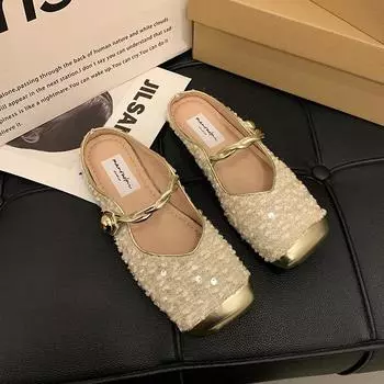 Сандалии Мэри Джейн на плоском каблуке и носке. Новые женские сандалии с тканевыми ремешками с пайетками. Удобные носимые полутапочки. 35