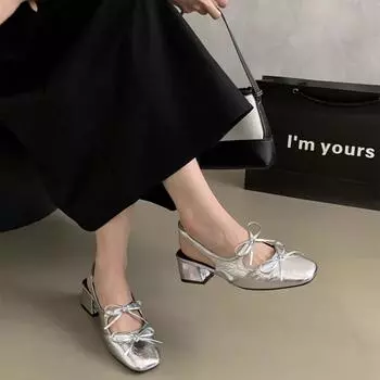 Сандалии Мэри Джейн на среднем каблуке 2024 года, новые дизайнерские женские туфли, модные балетки с двойным бантом на толстом каблуке, женские мягкие туфли 35 серебряный