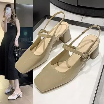 Сандалии Мэри Джейн на высоком каблуке для женщин, лето 2024 г., красные лакированные туфли-лодочки с открытой пяткой, женские туфли на толстом каблуке с квадратным носком 35 чёрный