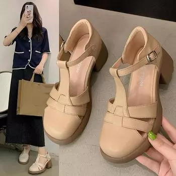 Сандалии Мэри Джейн Женские Баотоу Верхняя одежда Летние легкие круглые туфли с толстой подошвой для женщин 35 хаки