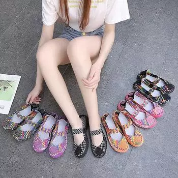 Сандалии Мэри Джейн Женские летние сандалии Прогулочные пляжные ленивые туфли Женские повседневные мягкие плетеные туфли без застежек для воды 35 оранжевый