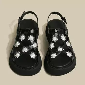 Сандалии, модные британские туфли на танкетке с толстой подошвой и стразами, туфли на плоской подошве с цветочным узором, женские повседневные уличные пляжные сандалии, 2024 35 белый