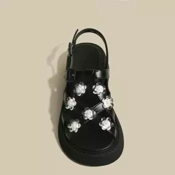 Сандалии, модные британские туфли на танкетке с толстой подошвой и стразами, туфли на плоской подошве с цветочным узором, женские повседневные уличные пляжные сандалии, 2024 35 белый
