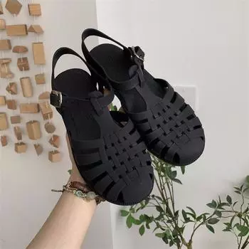 Сандалии, Мягкие туфли с неглубоким носком, Плоские каблуки, Носки с защитой, Удобный темперамент, Женские одинарные туфли, Противоскользящие пластиковые туфли 40 чёрный