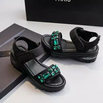 Сандалии Muffin с толстой подошвой на липучке, модные, повседневные, со стразами, женские туфли 34 зелёный