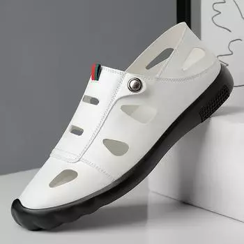 Сандалии Мужская верхняя одежда Кожаная нескользящая пляжная обувь с полыми отверстиями Мужская повседневная сумка для вождения Головные уборы Классные кожаные туфли 38 белый