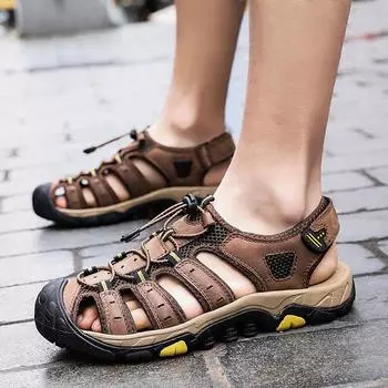 Сандалии мужские больших размеров из натуральной кожи с носовой частью, износостойкие кожаные сандалии, летняя обувь для отдыха на свежем воздухе с мягкой подошвой, спортивная повседневная пляжная обувь 38