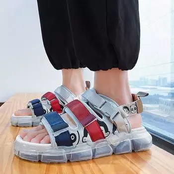 Сандалии мужские для отдыха на открытом воздухе, летняя пляжная обувь для отдыха, сандалии на платформе 2024, новые легкие мужские сандалии с ремешком на щиколотке, плоская мультяшная обувь 39 чёрный