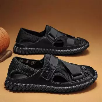 Сандалии мужские дышащие верхняя одежда пляжная обувь повседневные кожаные сандалии большой размер 38 чёрный