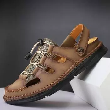 Сандалии мужские из натуральной коровьей кожи, классные тапочки, летние, дышащие, нескользящие, повседневные, мягкая подошва, два вида пляжной обуви 38 чёрный