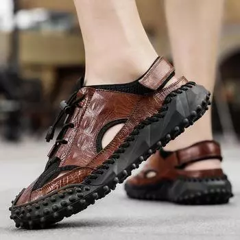 Сандалии мужские из водонепроницаемой кожи для отдыха на открытом воздухе, высококачественные летние нескользящие пляжные туфли, удобные мужские походные альпинистские туристические туфли 38 чёрный