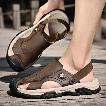 Сандалии мужские летние 2024 года, высококачественные кожаные повседневные дышащие пляжные сандалии на плоской подошве с открытым носком, удобные тапочки 38 хаки