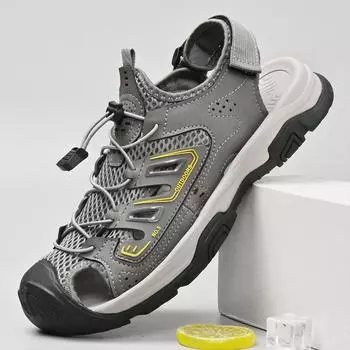 Сандалии мужские летние кожаные взрывные уличные спортивные сумки пляжные туфли мужские полые дышащие наружные повседневные классные тапочки 38