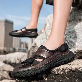 Сандалии мужские летние новые повседневные пляжные из натуральной кожи с сеткой, дышащие, с полым носком, с мягкой подошвой, с отверстиями для вождения 38