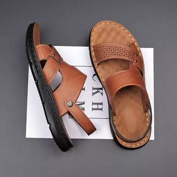 Сандалии мужские летние новые повседневные пляжные туфли для вождения двойного назначения нескользящие дезодорирующие классные тапочки супер кожа 38 хаки