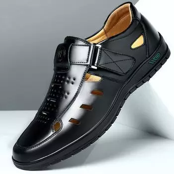 Сандалии мужские летние полые мужские туфли с мягкой подошвой и отверстиями деловые кожаные туфли для людей среднего и пожилого возраста удобная и модная пляжная обувь 40