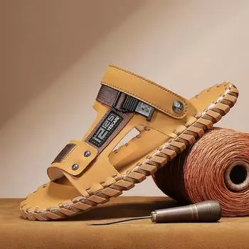 Сандалии мужские летние прилив новый стиль кожаный носок открытый отдых спорт полые сандалии пляжная обувь 39