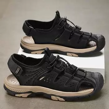 Сандалии мужские летние прилив новый стиль кожаный носок открытый отдых спорт полые сандалии пляжная обувь 38