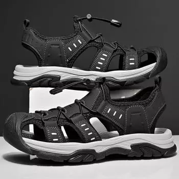 Сандалии мужские летние прилив новый стиль кожаный носок открытый отдых спорт полые сандалии пляжная обувь 39