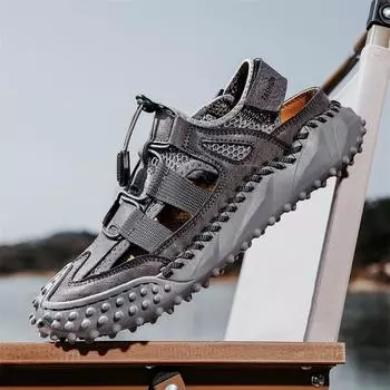 Сандалии мужские летние прилив новый стиль кожаный носок открытый отдых спорт полые сандалии пляжная обувь 38