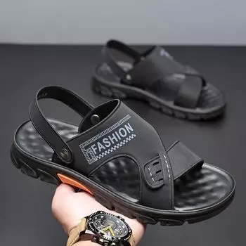 Сандалии мужские новые дышащие нескользящие модные трендовые пляжные туфли мягкая подошва верхняя одежда тапочки сандалии интегрированные повседневные туфли 39 чёрный