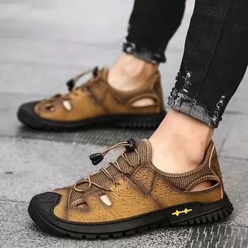 Сандалии мужские новые летние мужские повседневные туфли натуральная кожа сандалии с полым носком модные мужские мягкие пляжные туфли мужские 38