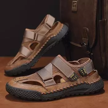 Сандалии мужские полые дышащие универсальные мужские туфли с отверстиями нескользящие ручной работы большого размера мужские туфли 38 коричневый