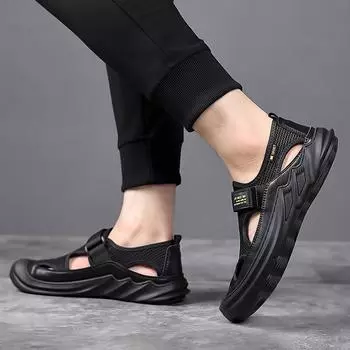 Сандалии мужские с мягкой подошвой, летние дышащие большие размеры, верхняя одежда, пляжная обувь, повседневная мужская обувь, мужская обувь с дырочками 46 чёрный