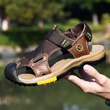 Сандалии мужские спортивные кожаные летние дышащие прилив вождения легкие уличные сумки головные уборы мужские пляжные туфли 38 чёрный